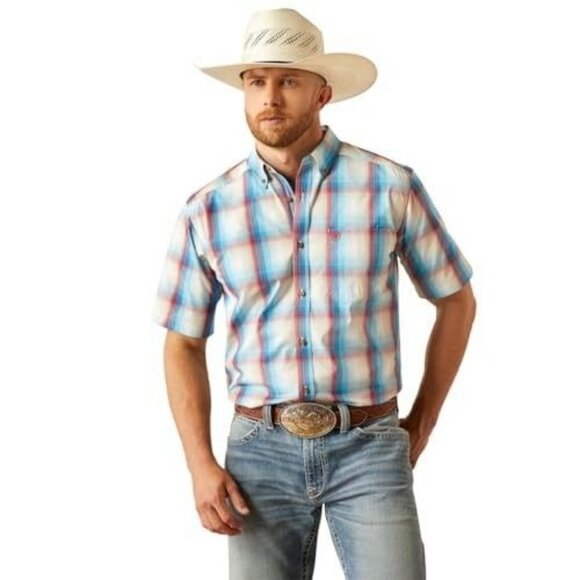 Ariat Pro Men's Short Sleeve Sunny Classic Fit Button Shirt Blue 10058946 - Picture 1 of 3